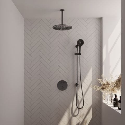 Brauer Carving inbouw regendoucheset 3-weg rond – Geborsteld gunmetal PVD – 3-standen handdouche – 30 cm | Plafondarm | Met glijstang – 5-GM-314