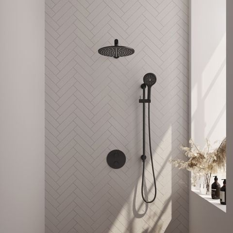 Brauer Carving inbouw regendoucheset 3-weg rond – Mat zwart – 3-standen handdouche – 30 cm | Rechte wandarm | Met glijstang – 5-S-310