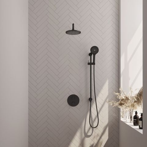 Brauer Carving inbouw regendoucheset 3-weg rond – Mat zwart – 3-standen handdouche – 20 cm | Gebogen wandarm | Met glijstang – 5-S-311
