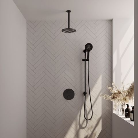 Brauer Carving inbouw regendoucheset 3-weg rond – Mat zwart – 3-standen handdouche – 20 cm | Plafondarm | Met glijstang – 5-S-313