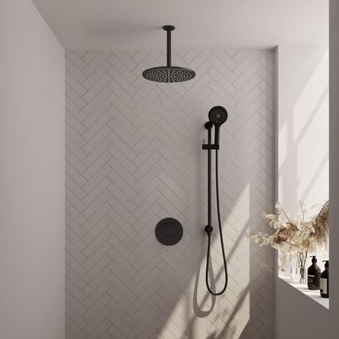 Brauer Carving inbouw regendoucheset 3-weg rond – Mat zwart – 3-standen handdouche – 30 cm | Plafondarm | Met glijstang – 5-S-314
