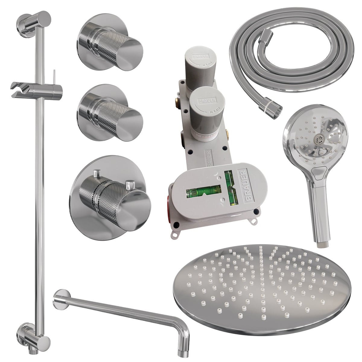 Brauer 5-CE-118 - Chroom / 3-standen handdouche / 30 cm | Gebogen wandarm | Met glijstang