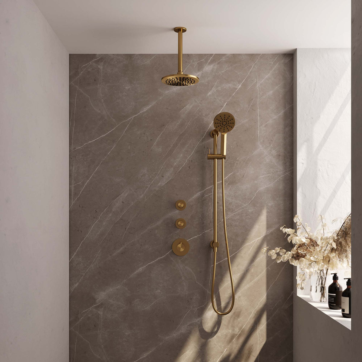 Brauer 5-GG-037 - Geborsteld goud PVD / 3-standen handdouche / 20 cm | Plafondarm | Met glijstang