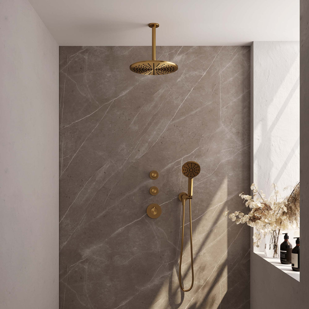 Brauer 5-GG-108 - Geborsteld goud PVD / 3-standen handdouche / 30 cm | Plafondarm | Zonder glijstang