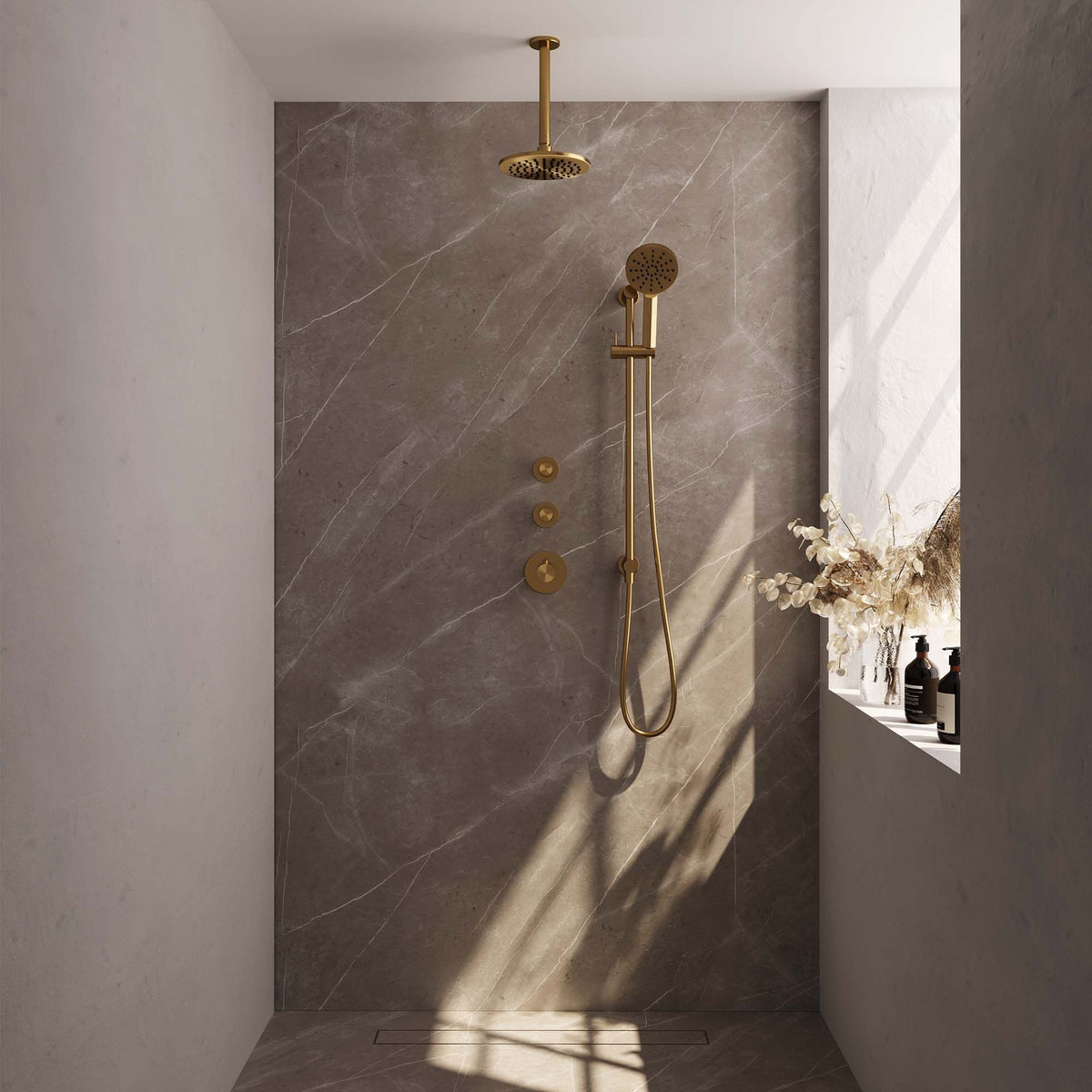 Brauer 5-GG-119 - Geborsteld goud PVD / 3-standen handdouche / 20 cm | Plafondarm | Met glijstang