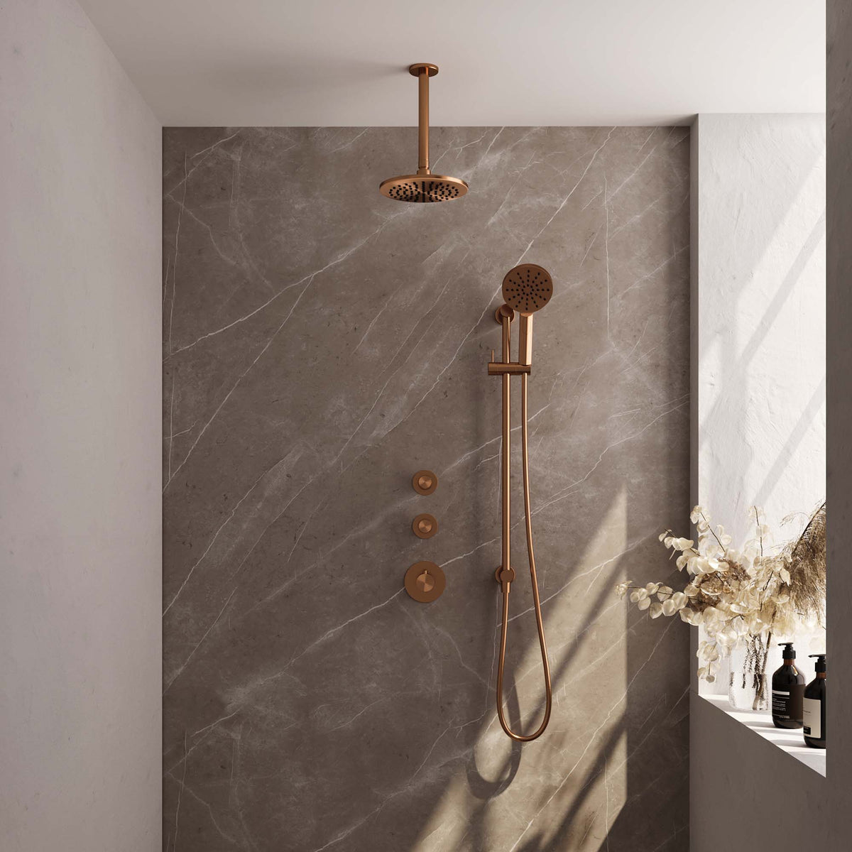 Brauer 5-GK-037 - Geborsteld koper PVD / 3-standen handdouche / 20 cm | Plafondarm | Met glijstang