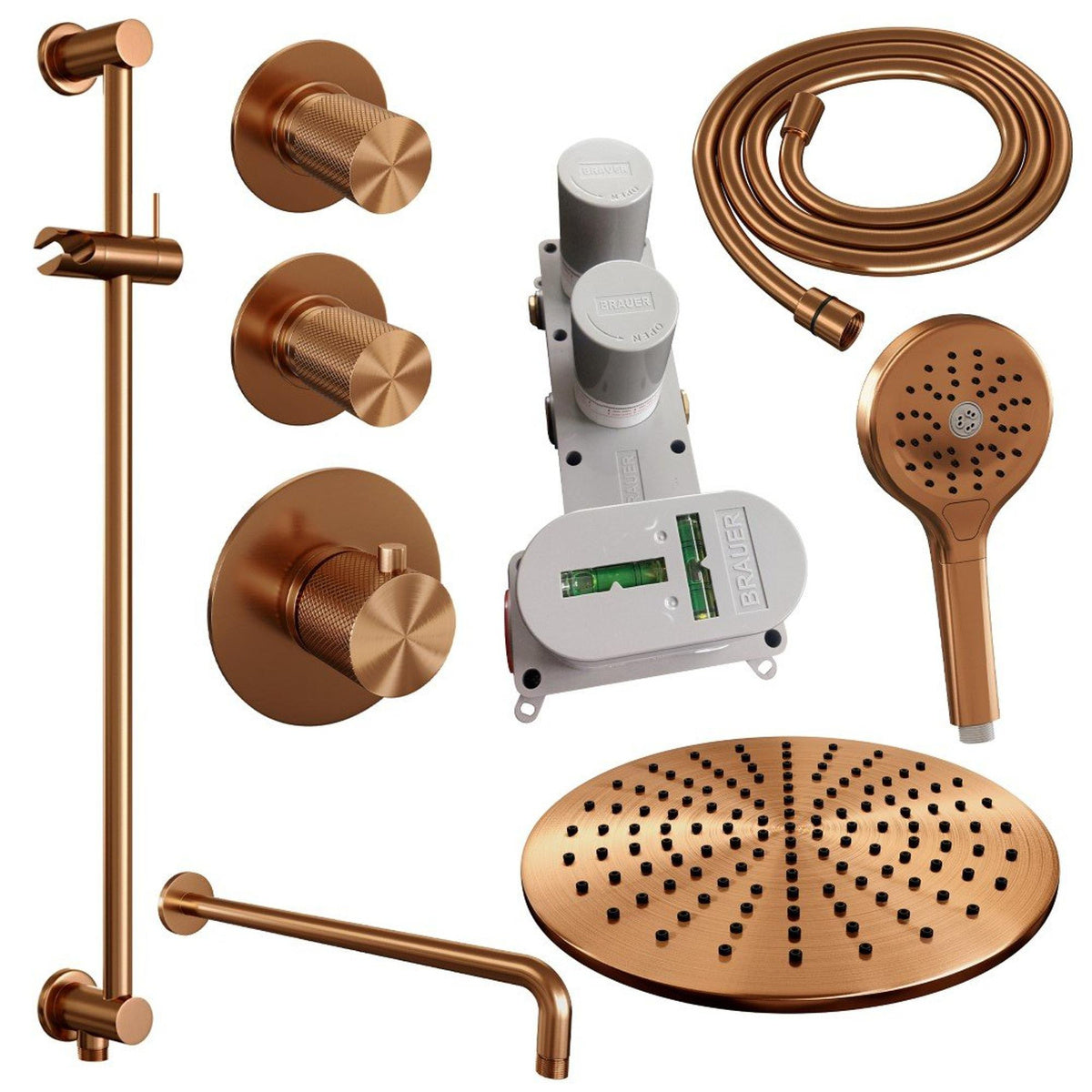 Brauer 5-GK-118 - Geborsteld koper PVD / 3-standen handdouche / 30 cm | Gebogen wandarm | Met glijstang