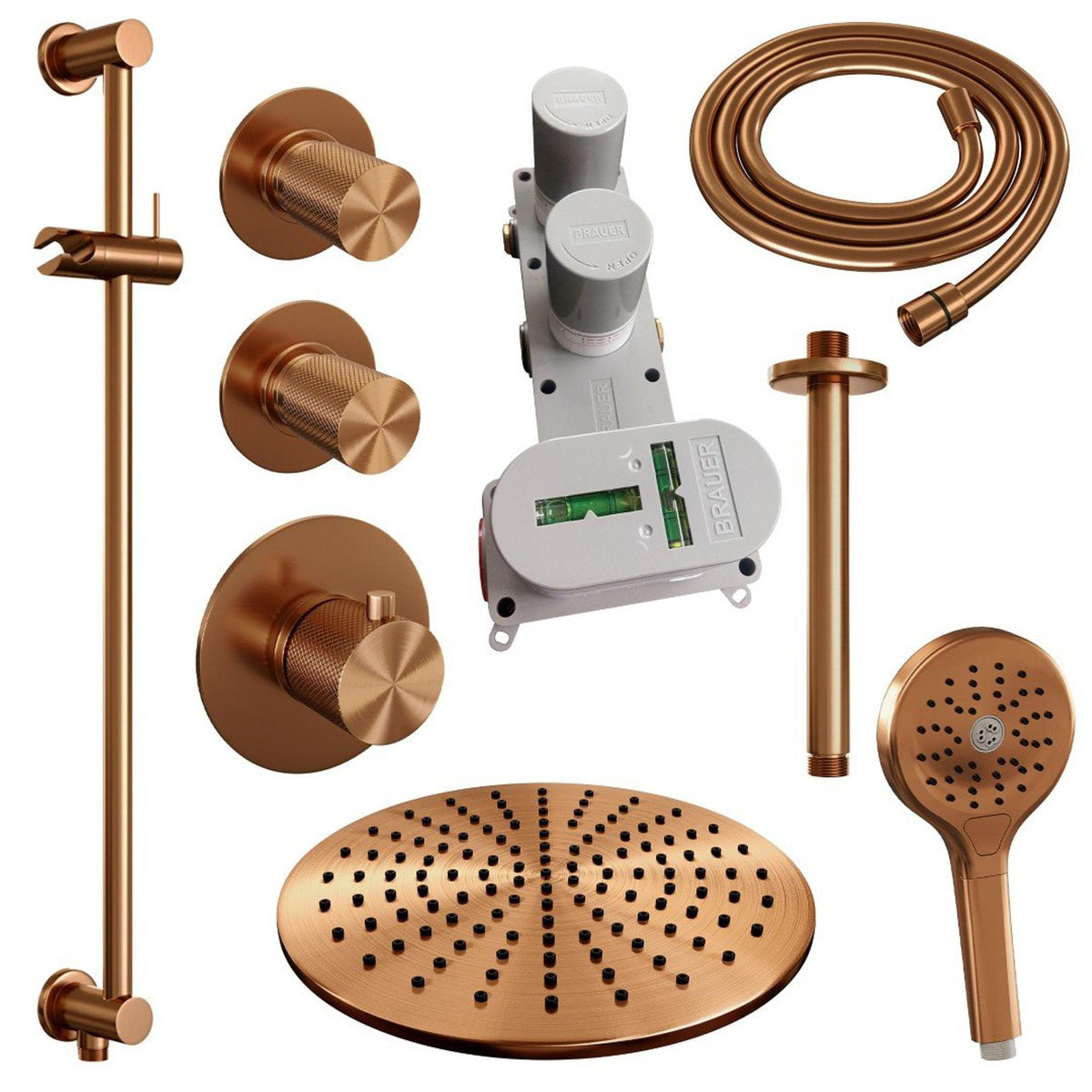Brauer 5-GK-120 - Geborsteld koper PVD / 3-standen handdouche / 30 cm | Plafondarm | Met glijstang