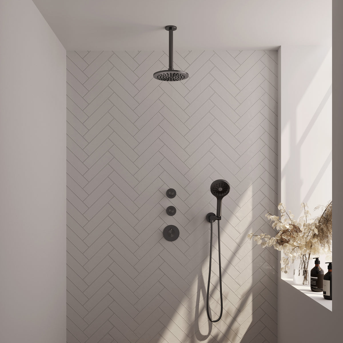 Brauer 5-GM-029 - Geborsteld gunmetal PVD / 3-standen handdouche / 20 cm | Plafondarm | Zonder glijstang