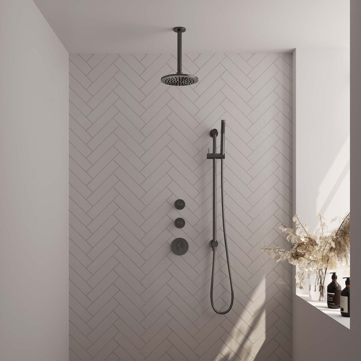 Brauer 5-GM-033 - Geborsteld gunmetal PVD / Staafmodel / 20 cm | Plafondarm | Met glijstang