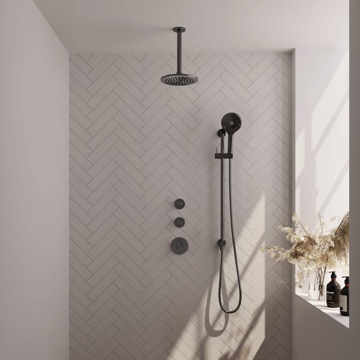 Brauer 5-GM-037 - Geborsteld gunmetal PVD / 3-standen handdouche / 20 cm | Plafondarm | Met glijstang