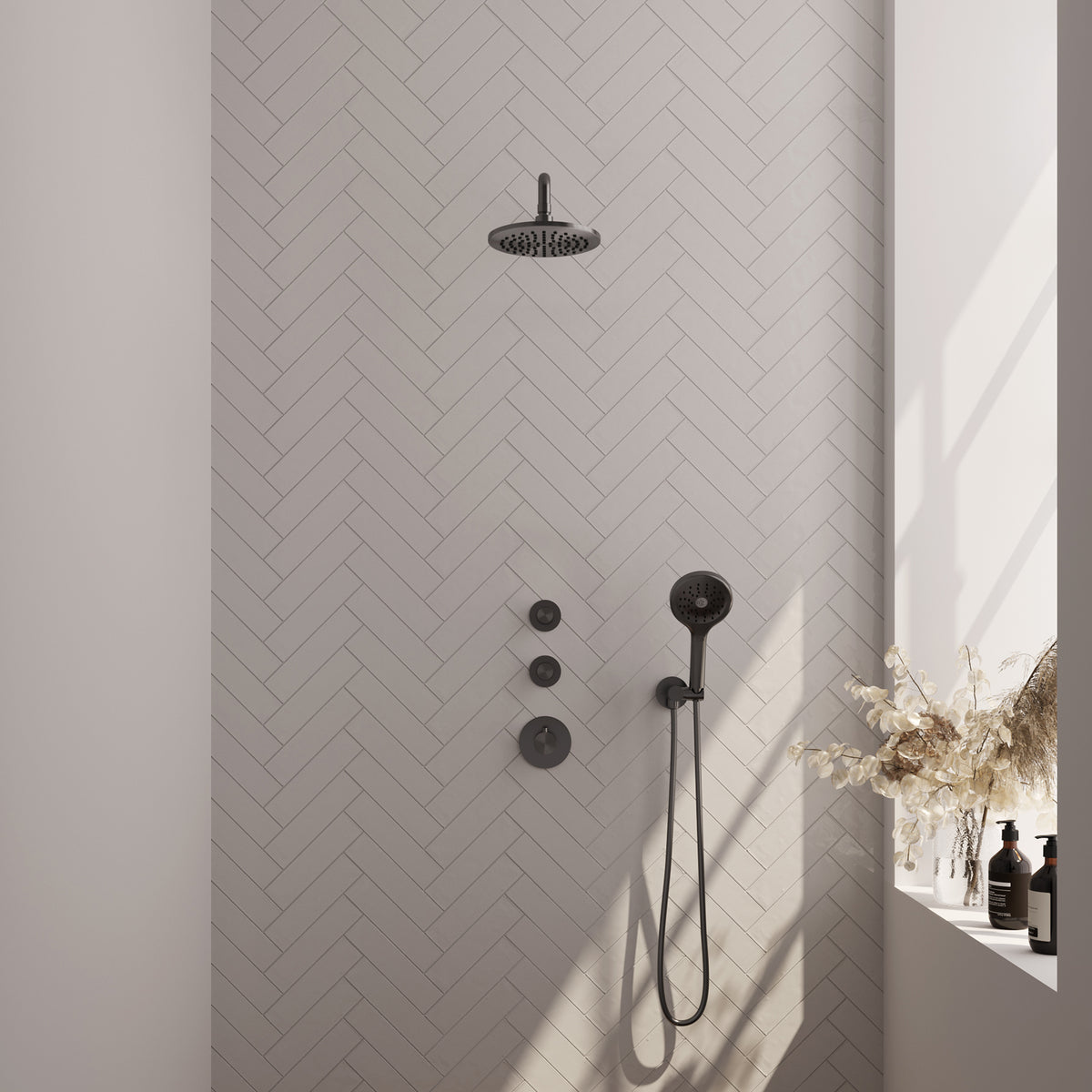 Brauer 5-GM-076 - Geborsteld gunmetal PVD / 3-standen handdouche / 20 cm | Gebogen wandarm | Zonder glijstang