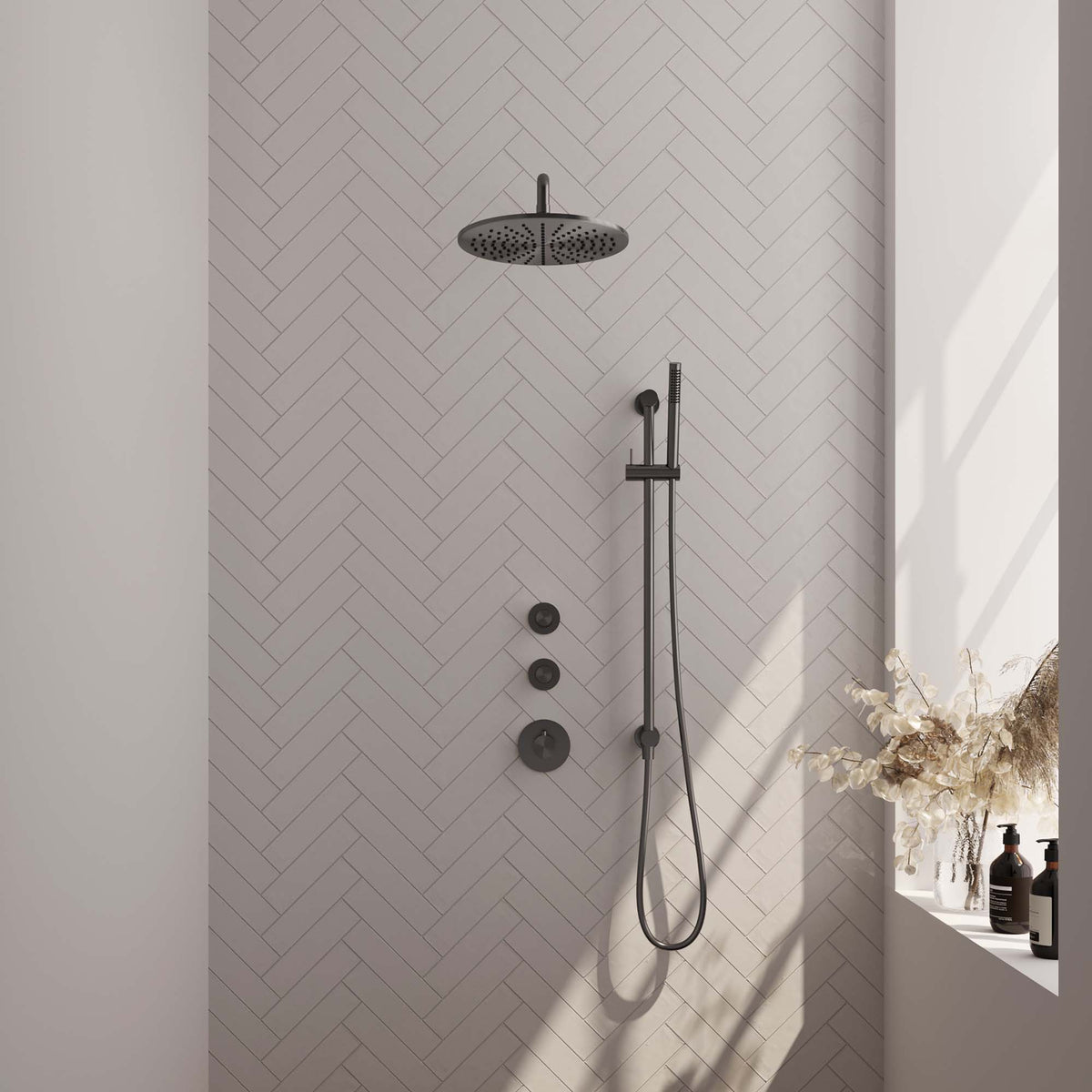 Brauer 5-GM-079 - Geborsteld gunmetal PVD / Staafmodel / 30 cm | Gebogen wandarm | Met glijstang