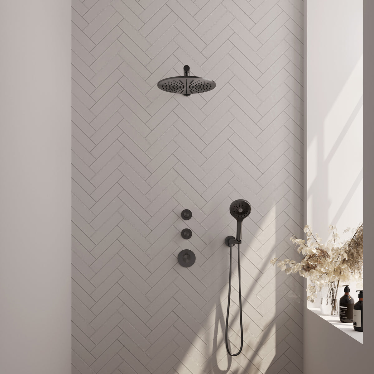 Brauer 5-GM-104 - Geborsteld gunmetal PVD / 3-standen handdouche / 30 cm | Rechte wandarm | Zonder glijstang