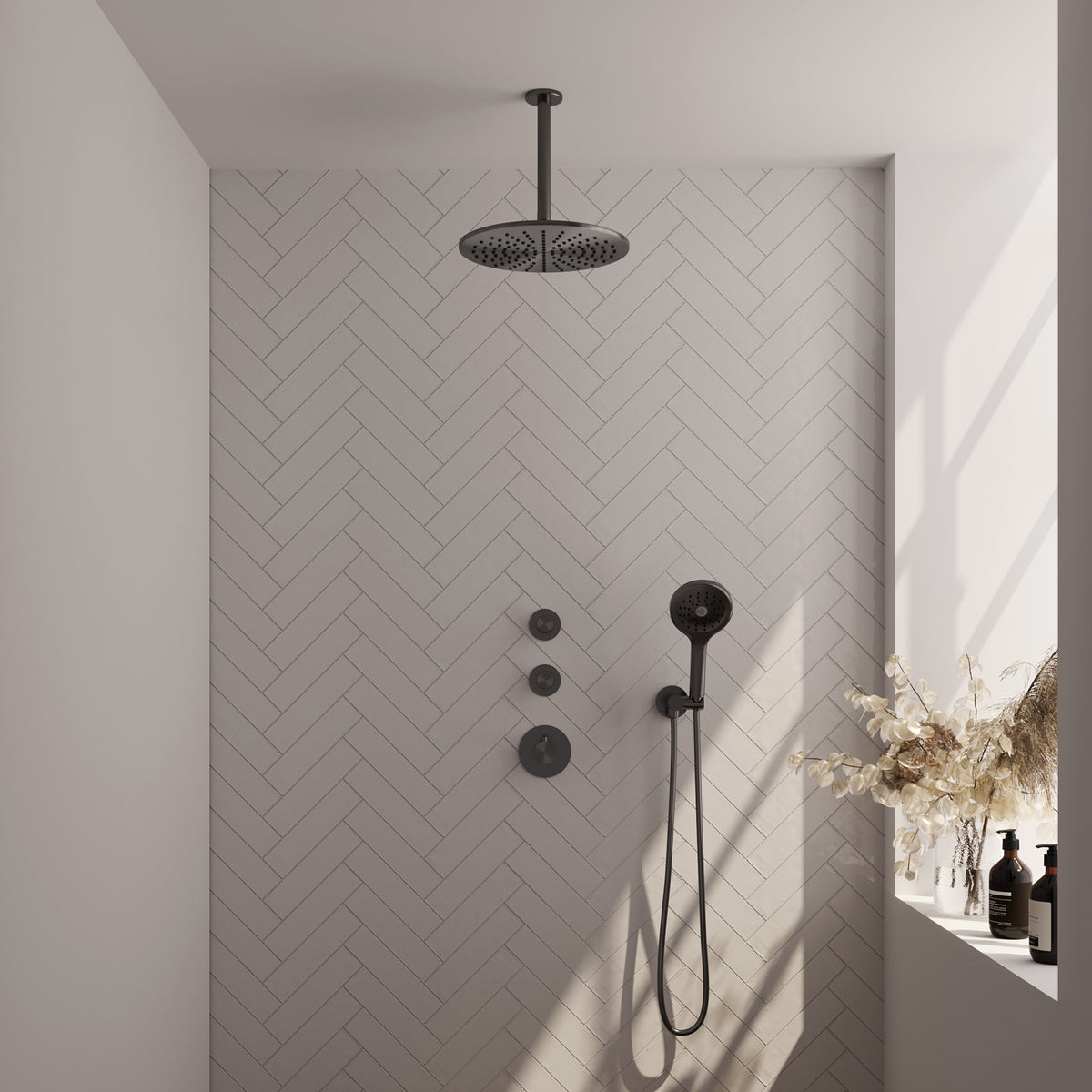 Brauer 5-GM-108 - Geborsteld gunmetal PVD / 3-standen handdouche / 30 cm | Plafondarm | Zonder glijstang