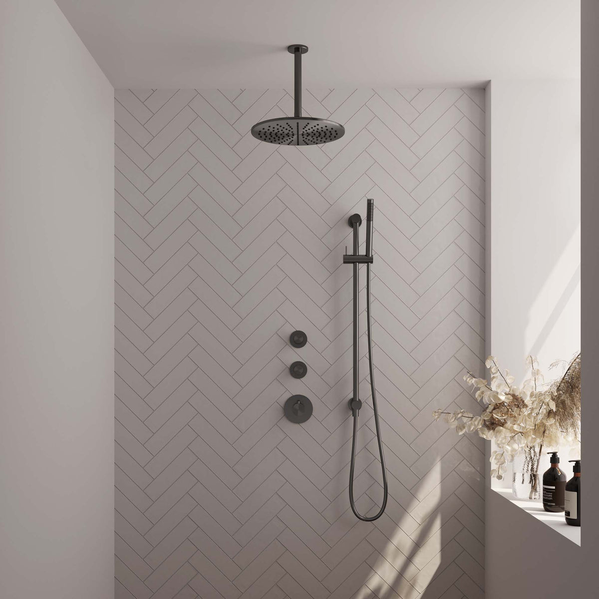 Brauer 5-GM-114 - Geborsteld gunmetal PVD / Staafmodel / 30 cm | Plafondarm | Met glijstang