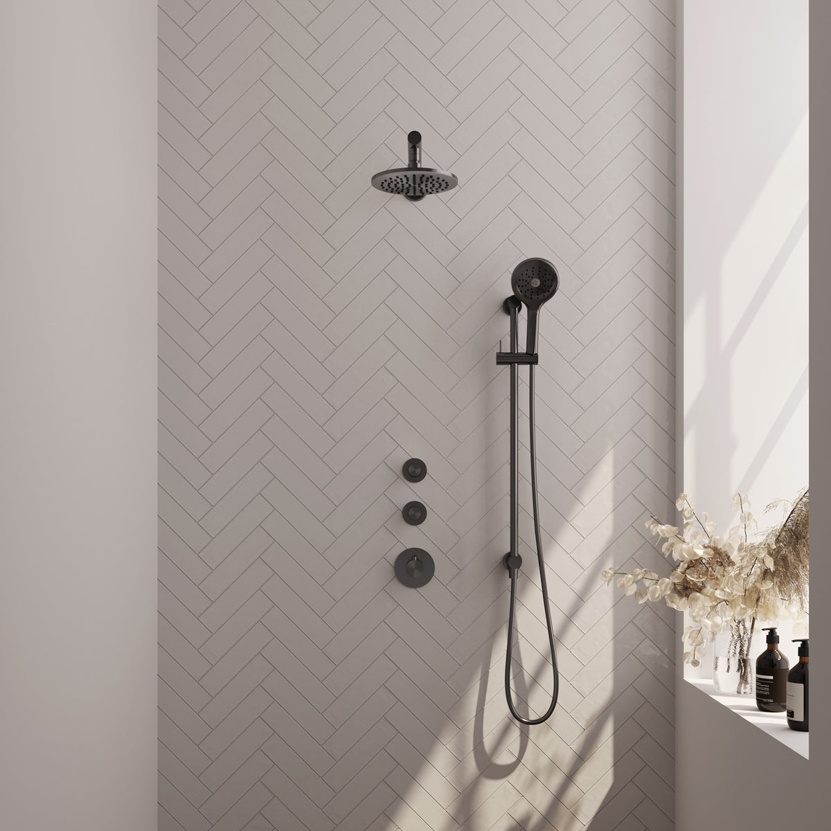 Brauer 5-GM-115 - Geborsteld gunmetal PVD / 3-standen handdouche / 20 cm | Rechte wandarm | Met glijstang