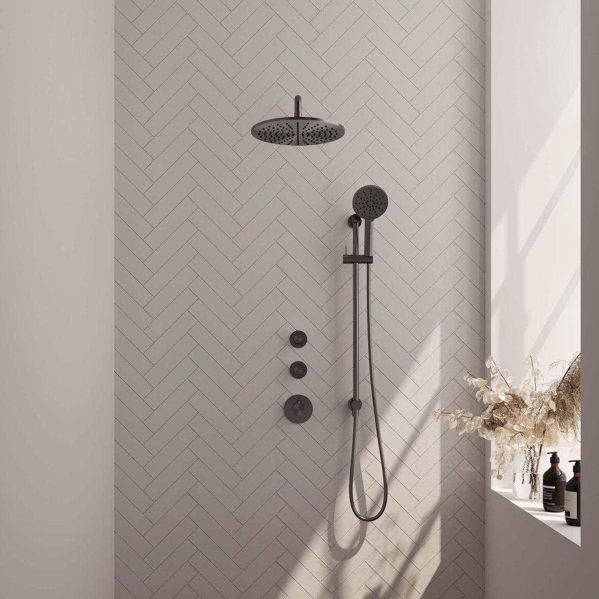 Brauer 5-GM-118 - Geborsteld gunmetal PVD / 3-standen handdouche / 30 cm | Gebogen wandarm | Met glijstang