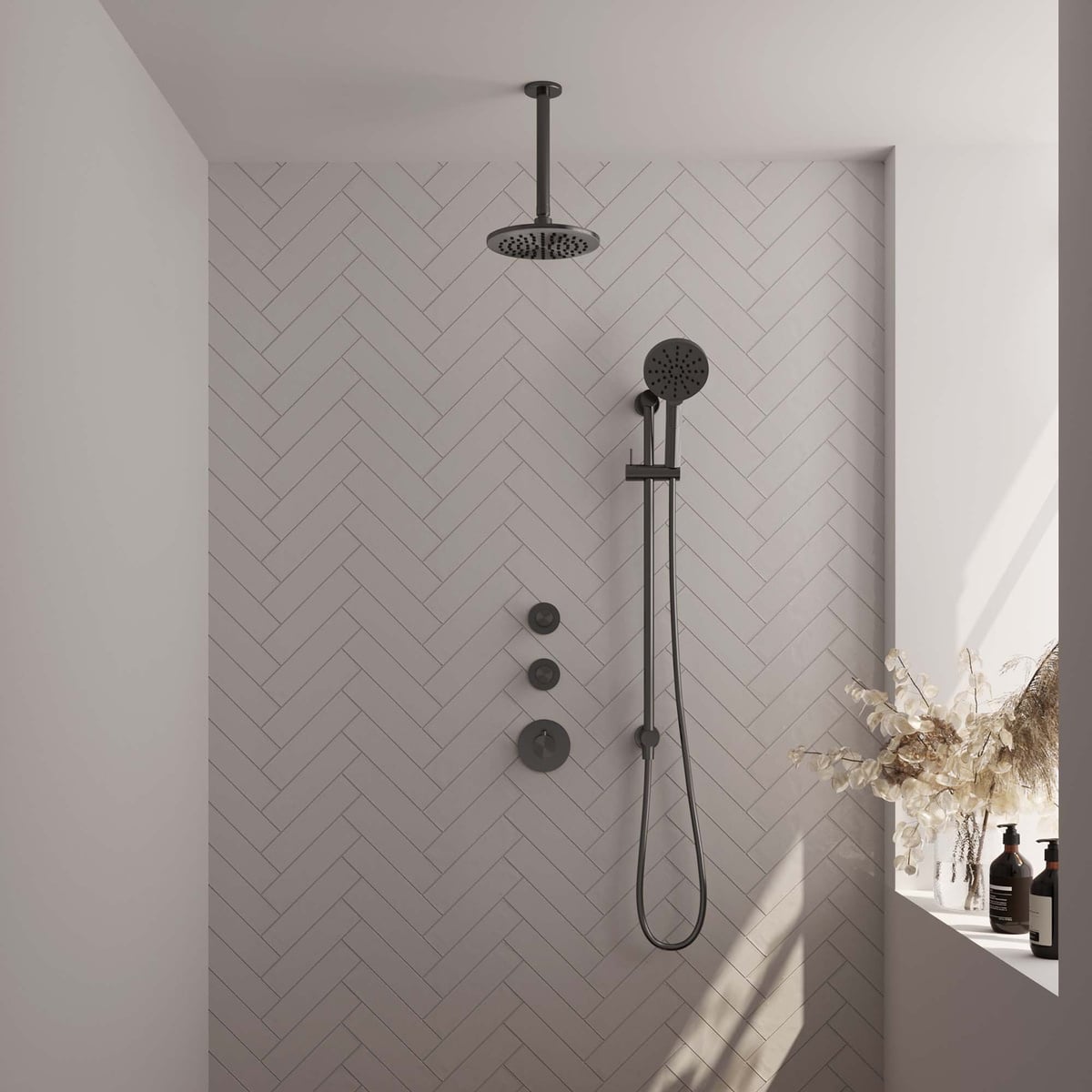 Brauer 5-GM-119 - Geborsteld gunmetal PVD / 3-standen handdouche / 20 cm | Plafondarm | Met glijstang