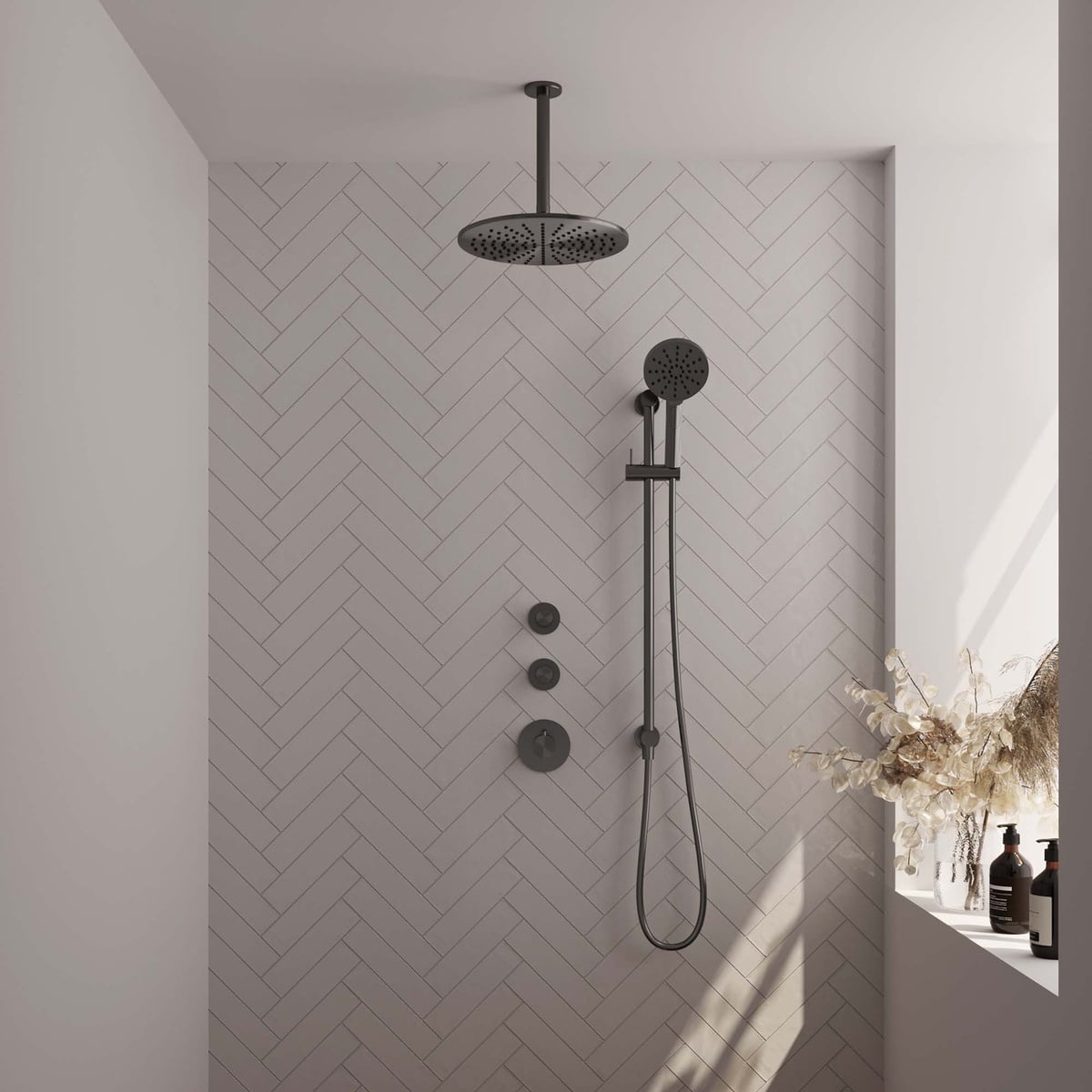 Brauer 5-GM-120 - Geborsteld gunmetal PVD / 3-standen handdouche / 30 cm | Plafondarm | Met glijstang