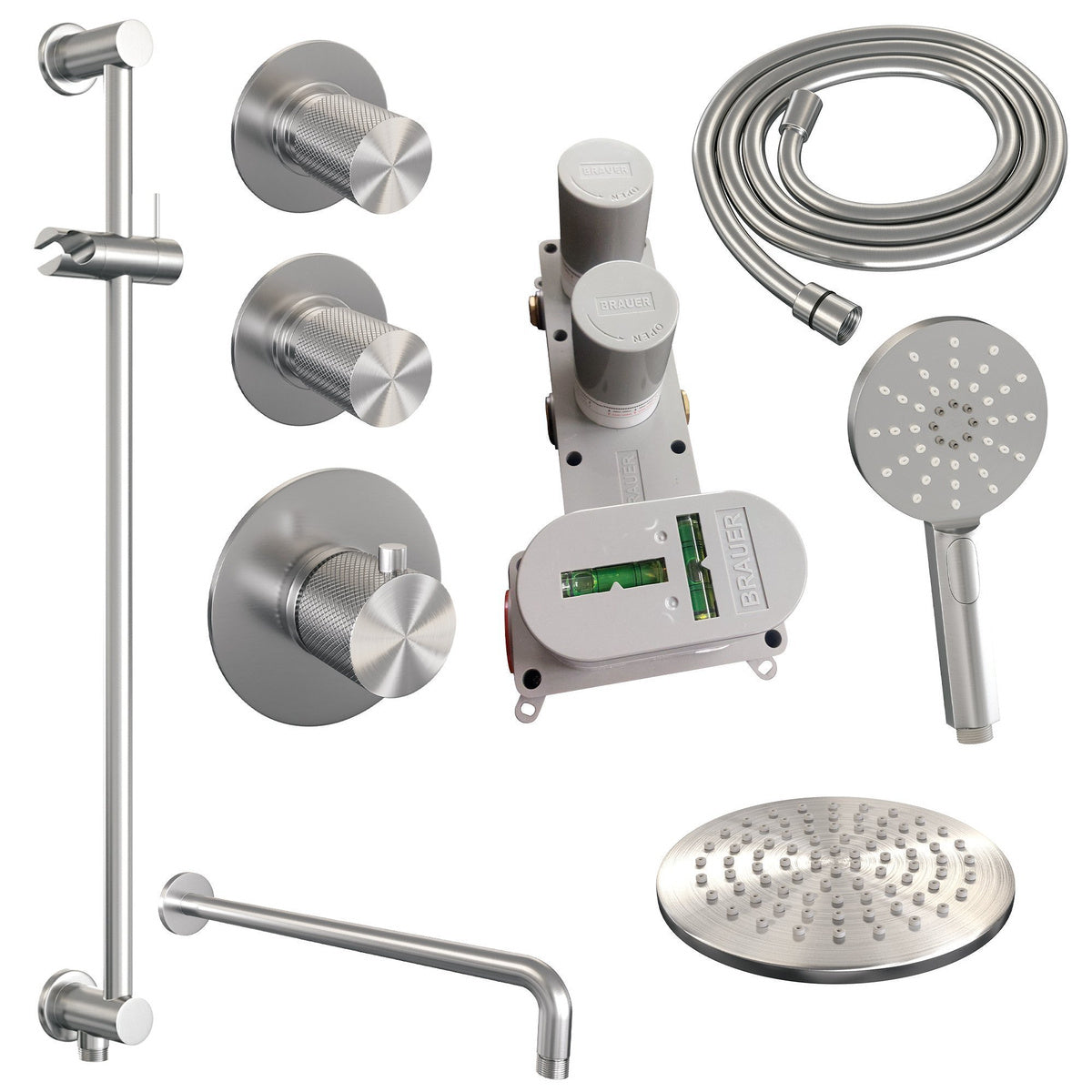 Brauer 5-NG-117 - Geborsteld RVS PVD / 3-standen handdouche / 20 cm | Gebogen wandarm | Met glijstang