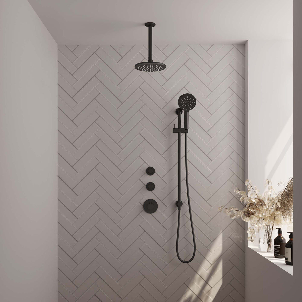 Brauer 5-S-037 - Mat zwart / 3-standen handdouche / 20 cm | Plafondarm | Met glijstang