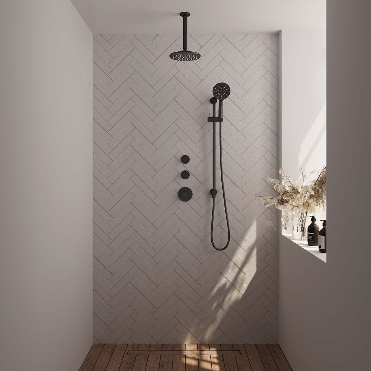 Brauer 5-S-119 - Mat zwart / 3-standen handdouche / 20 cm | Plafondarm | Met glijstang