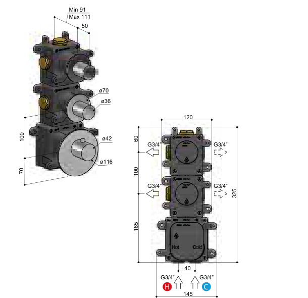 Hotbath ARHF012 – technische illustratie, geen kleurweergave