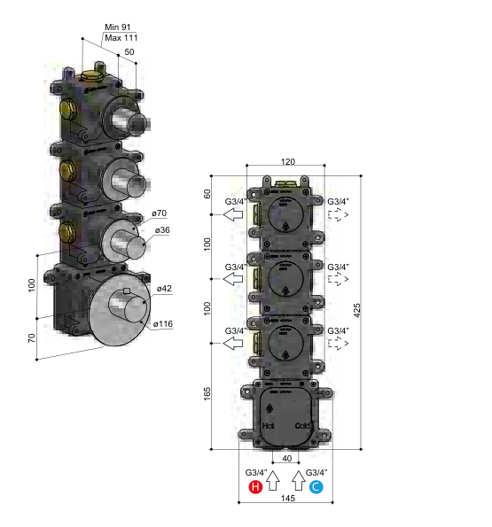 Hotbath ARHF013 – technische illustratie, geen kleurweergave