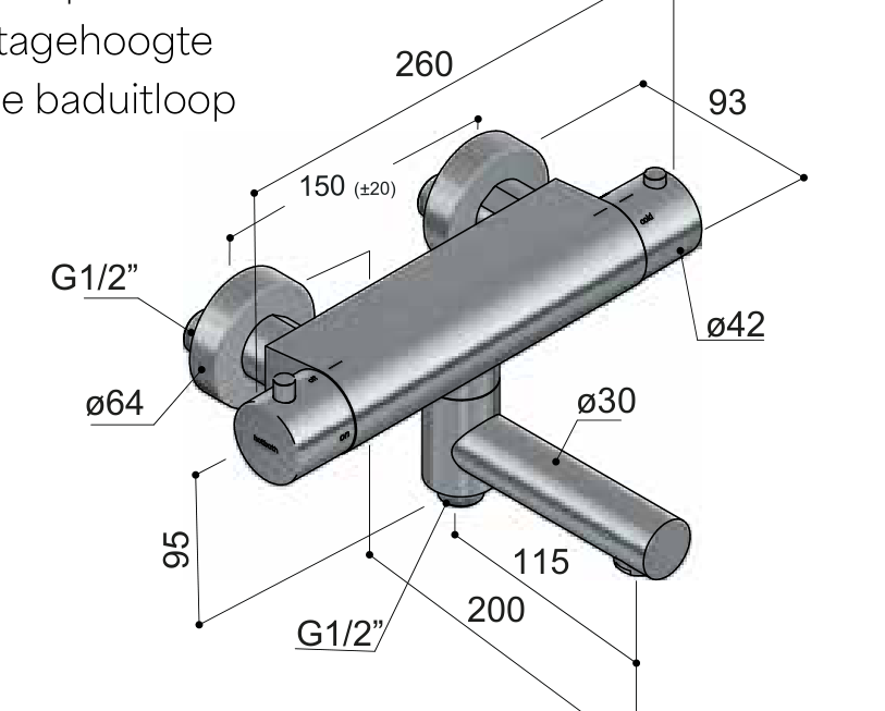 Hotbath B020 technische illustratie; gekozen kleur niet weergegeven