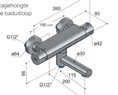 Hotbath B020 technische illustratie; gekozen kleur niet weergegeven
