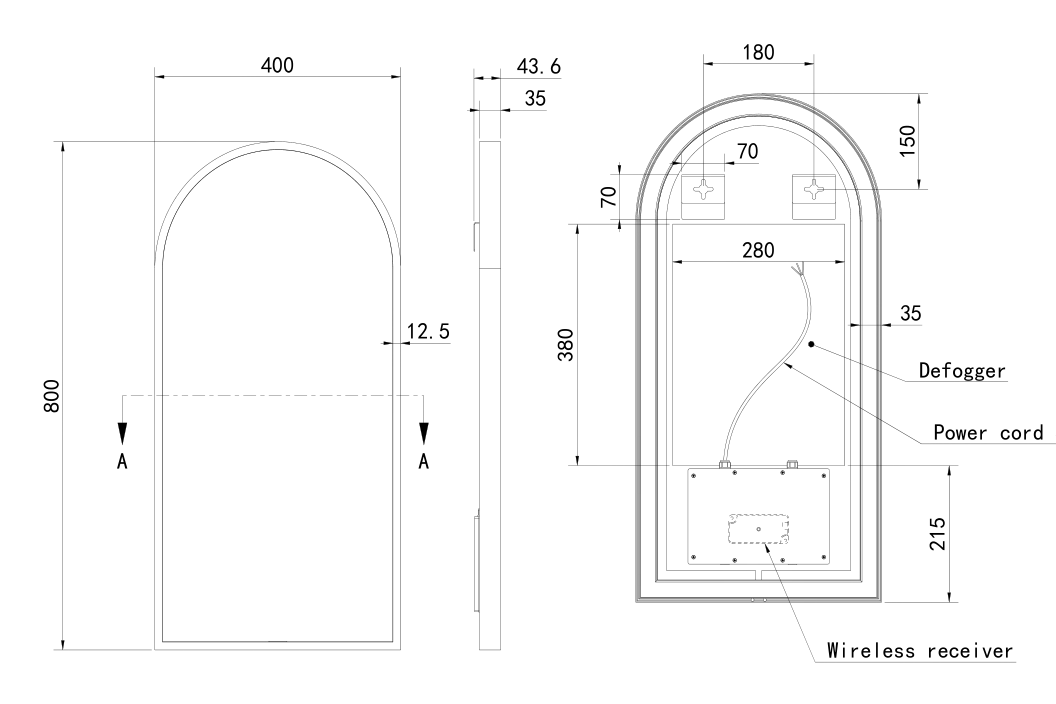 Hotbath BOW480 – technische illustratie, geen kleurweergave