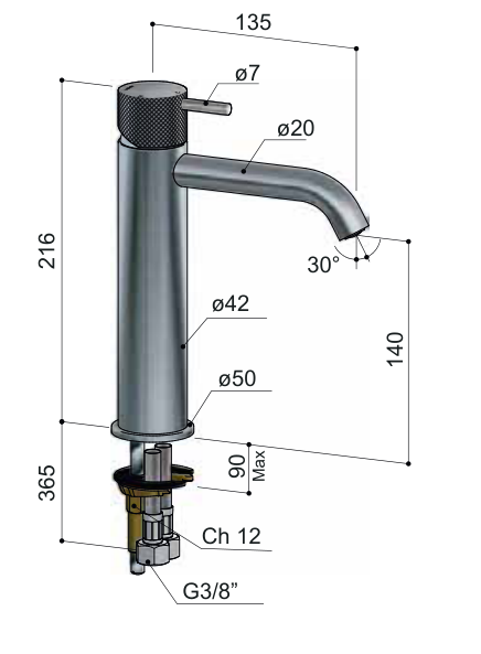 Hotbath CX003MC – technische illustratie; gekozen kleur wordt niet weergegeven