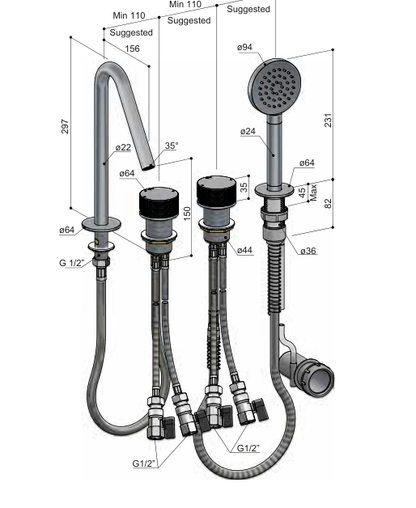 Hotbath GY073D – technische illustratie; gekozen kleur wordt niet weergegeven