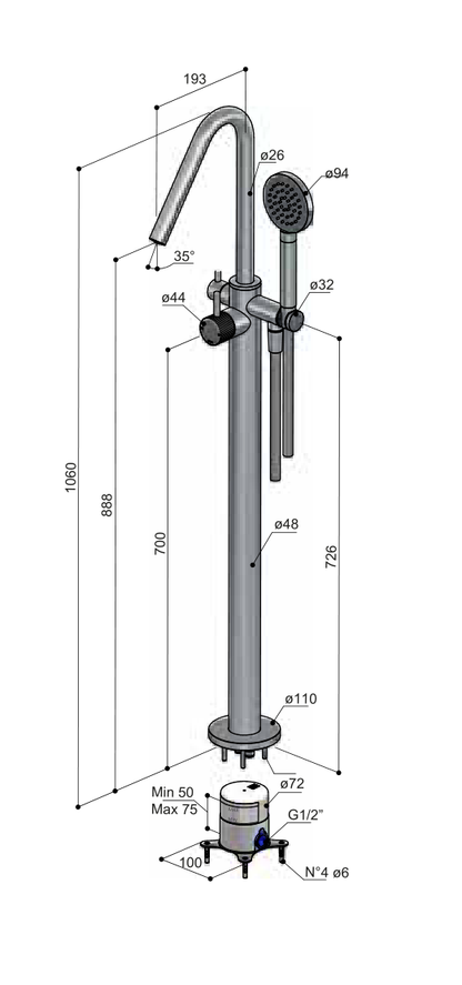 Hotbath GY177REXT technische illustratie; gekozen kleur niet weergegeven
