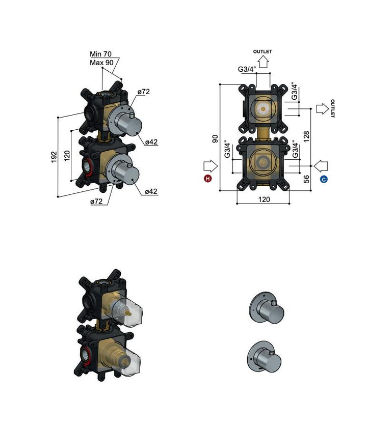 Hotbath HBCB7009 inbouwdeel thermostaat met 2-weg omstel