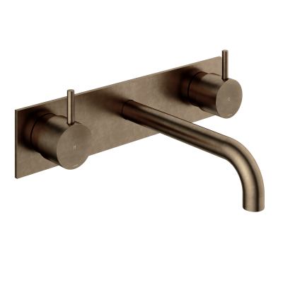 Hotbath CB006TEXT18AB – Afbouwdeel - Wastafelmengkraan 3 gats inbouwbrug achterplaat 18CM uitloop – Verouderd messing