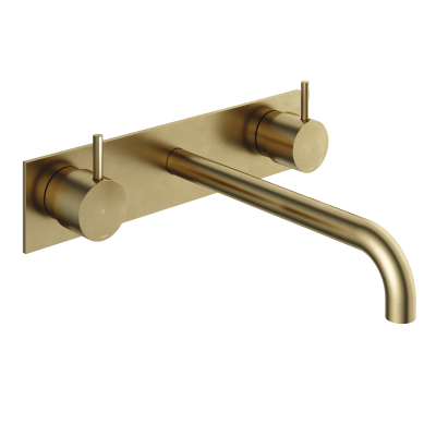 Hotbath CB006TEXT25BB – Afbouwdeel - Wastafelmengkraan 3 gats inbouwbrug achterplaat 25CM uitloop – Geborsteld messing