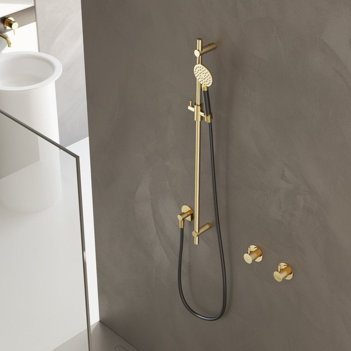 Hotbath M308BBP – Glijstang 90 cm met wandaansluitbocht, doucheslang 1,5 mtr en handdouche – Geborsteld messing PVD