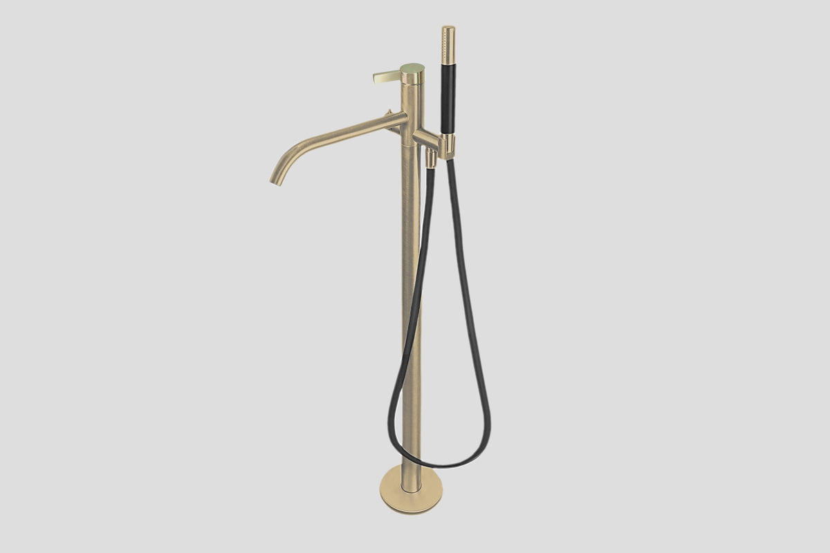 Lagoo Como CM3204 vrijstaande badmengkraan (afbouwdeel) met vaste uitloop, mixer, handdouche (staaf), doucheslang (150 cm) – Geborsteld champagne PVD