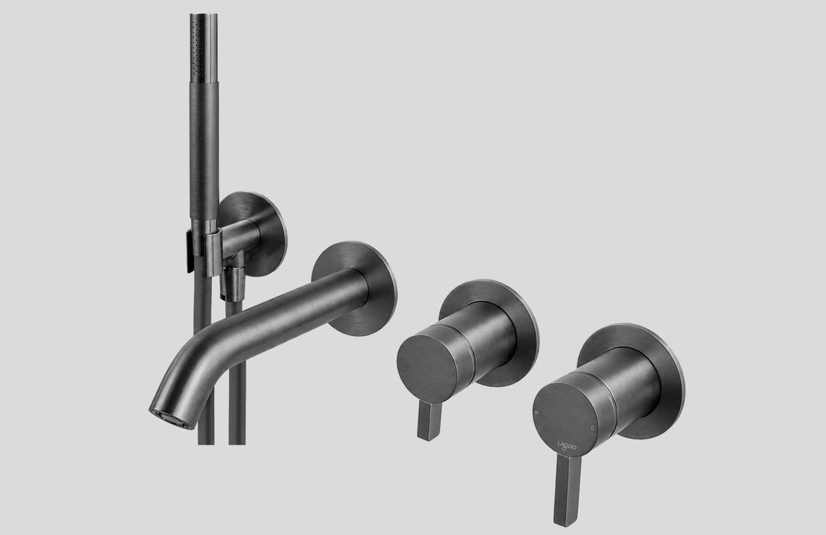 Lagoo Como CM3206 inbouw badmengkraan (afbouwdeel) met uitloop, 2-weg omstel, handdouche (staaf) en doucheslang – Geborsteld gunmetal PVD