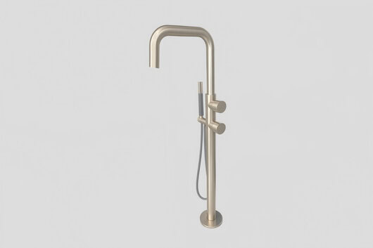 Lagoo Como CM3214 vrijstaande highflow badmengkraan (afbouwdeel) met draaibare uitloop, 2 mengkranen en handdouche (staaf) – Geborsteld nikkel