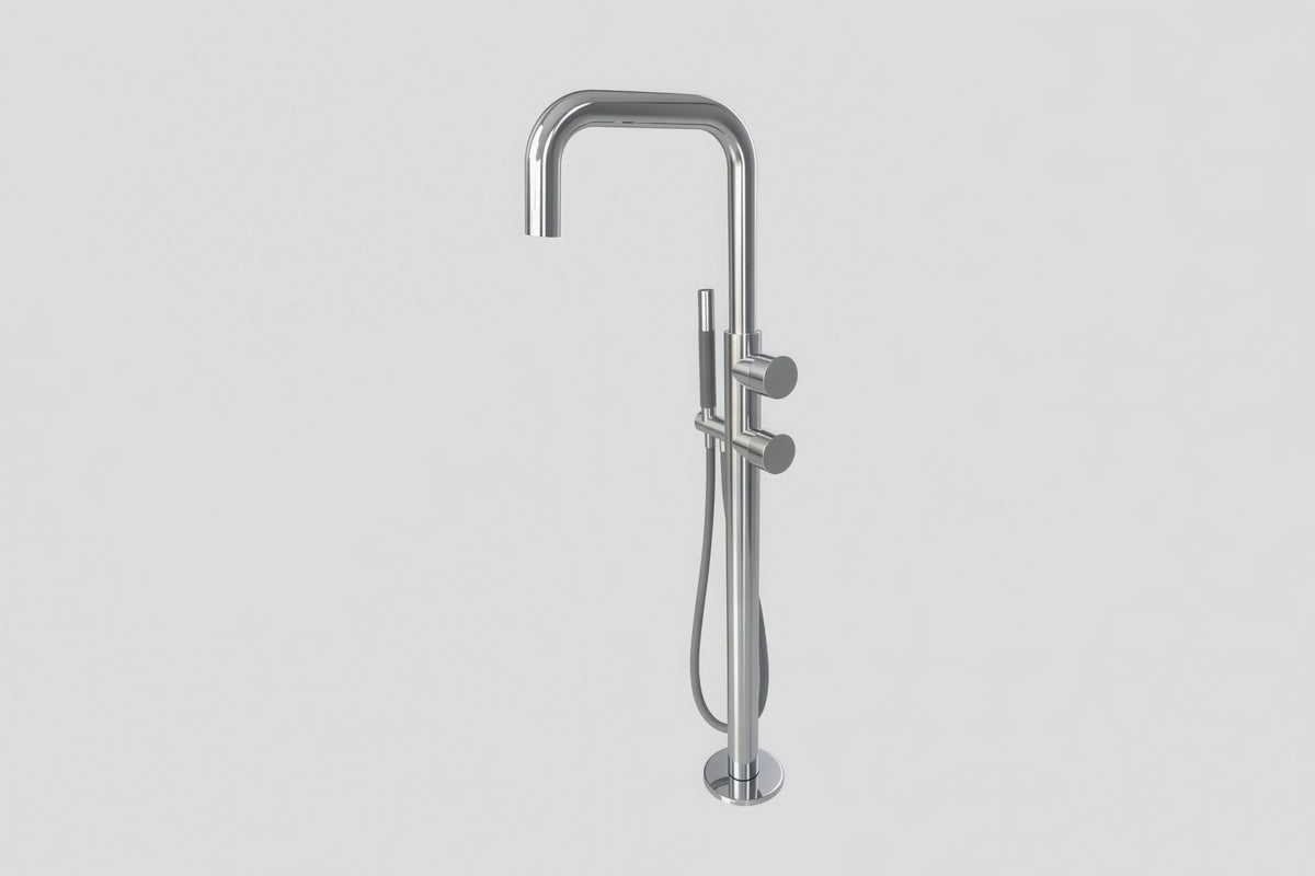 Lagoo Como CM3214 vrijstaande highflow badmengkraan (afbouwdeel) met draaibare uitloop, 2 mengkranen en handdouche (staaf) – Chroom