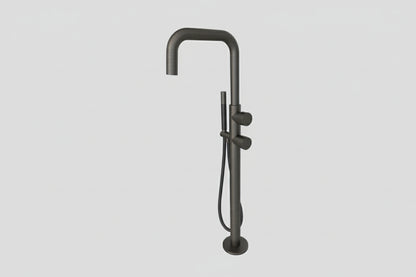 Lagoo Como CM3214 vrijstaande highflow badmengkraan (afbouwdeel) met draaibare uitloop, 2 mengkranen en handdouche (staaf) – Geborsteld gunmetal PVD