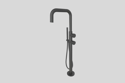 Lagoo Como CM3214 vrijstaande highflow badmengkraan (afbouwdeel) met draaibare uitloop, 2 mengkranen en handdouche (staaf) – Mat zwart