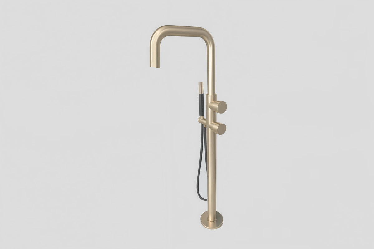 Lagoo Como CM3214 vrijstaande highflow badmengkraan (afbouwdeel) met draaibare uitloop, 2 mengkranen en handdouche (staaf) – Geborsteld champagne PVD