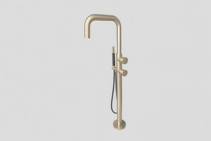 Lagoo Como CM3214 vrijstaande highflow badmengkraan (afbouwdeel) met draaibare uitloop, 2 mengkranen en handdouche (staaf) – Geborsteld champagne PVD