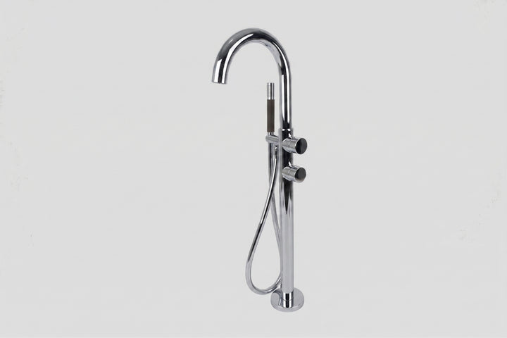 Lagoo Garda G3214 vrijstaande highflow badmengkraan (afbouwdeel) met draaibare uitloop, 2 mengkranen en handdouche (staaf) – Chroom