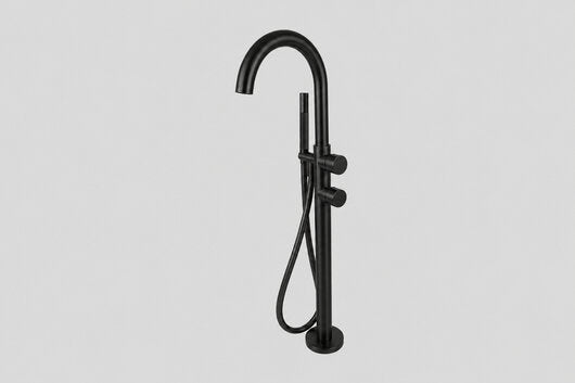 Lagoo Garda G3214 vrijstaande highflow badmengkraan (afbouwdeel) met draaibare uitloop, 2 mengkranen en handdouche (staaf) – Mat zwart