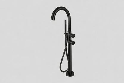 Lagoo Garda G3214 vrijstaande highflow badmengkraan (afbouwdeel) met draaibare uitloop, 2 mengkranen en handdouche (staaf) – Mat zwart